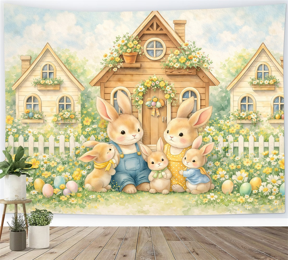 Toile de fond Pâques Village Famille Lapins Conte De Fées GQ61-15