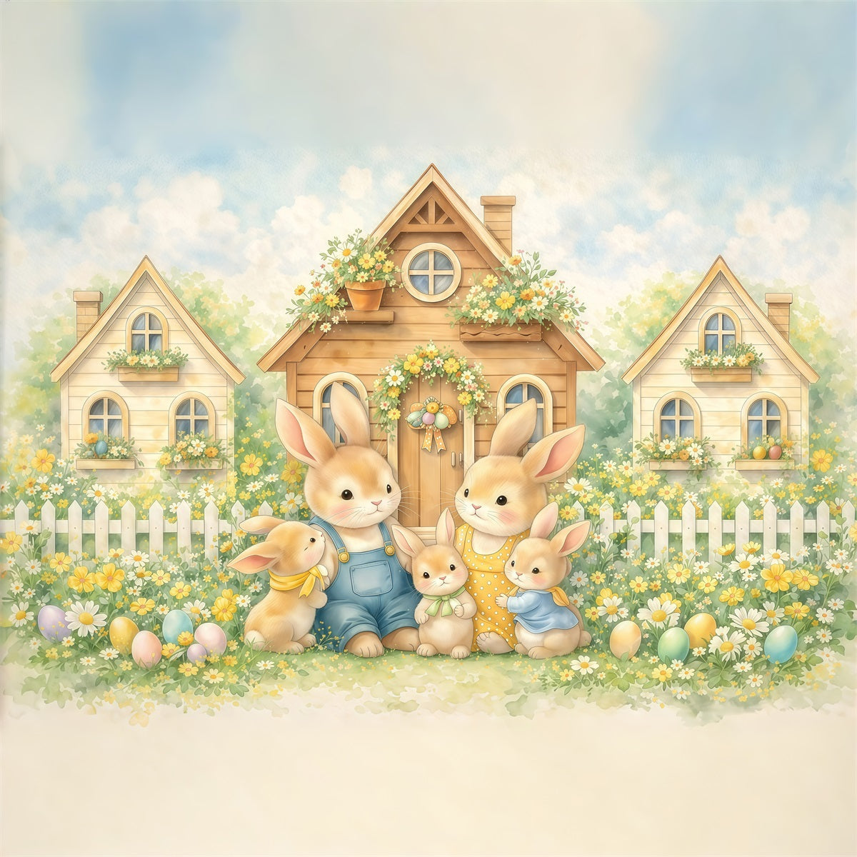 Toile de fond Pâques Village Famille Lapins Conte De Fées GQ61-15