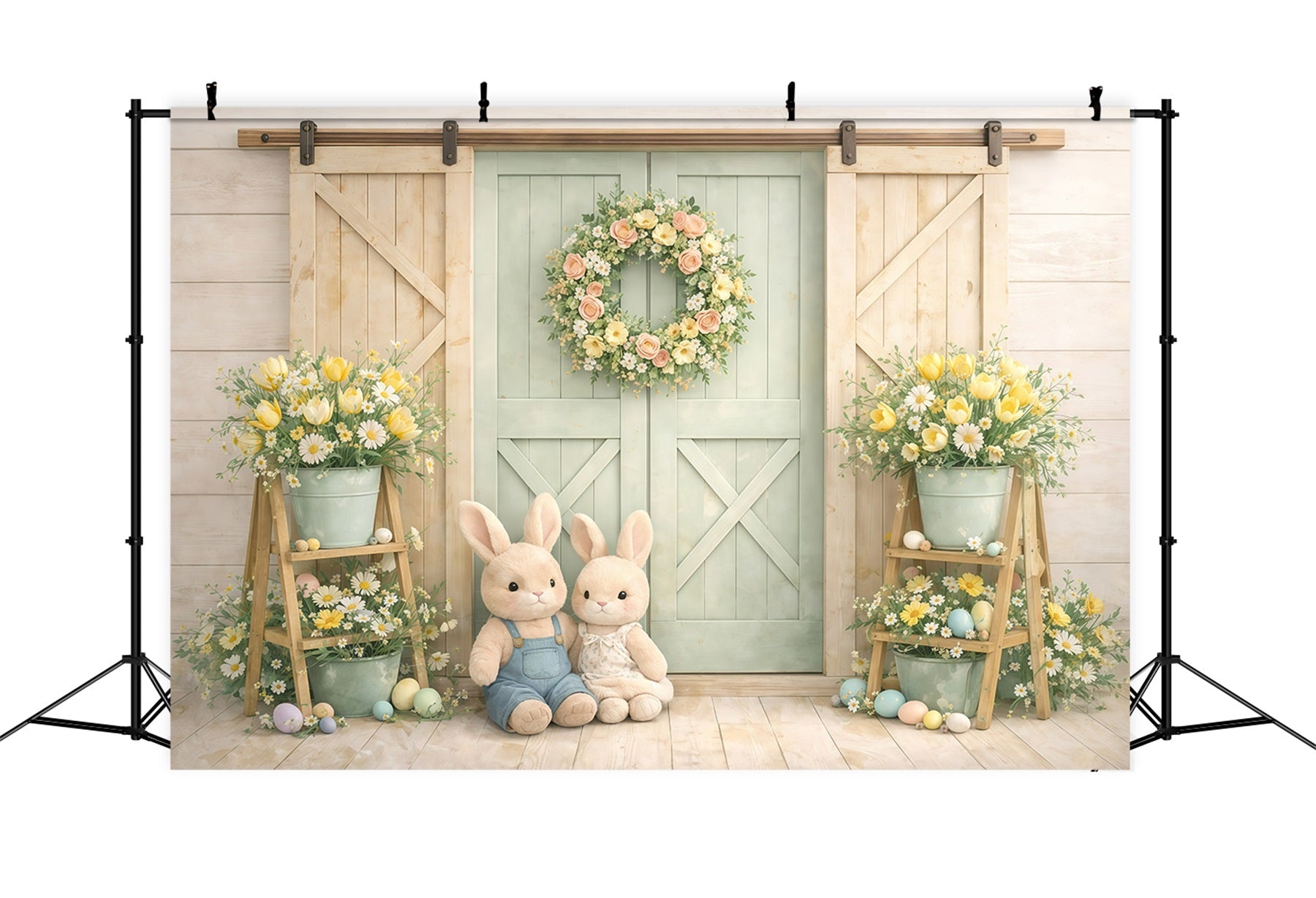 Toile de fond de Pâques Portes Grange Lapin Tons Pastel GQ61-16