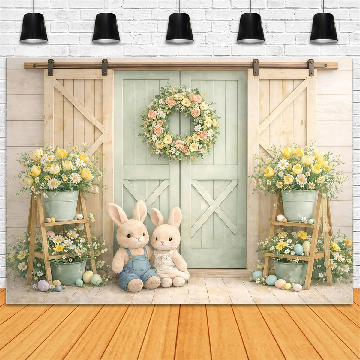 Toile de fond de Pâques Portes Grange Lapin Tons Pastel GQ61-16