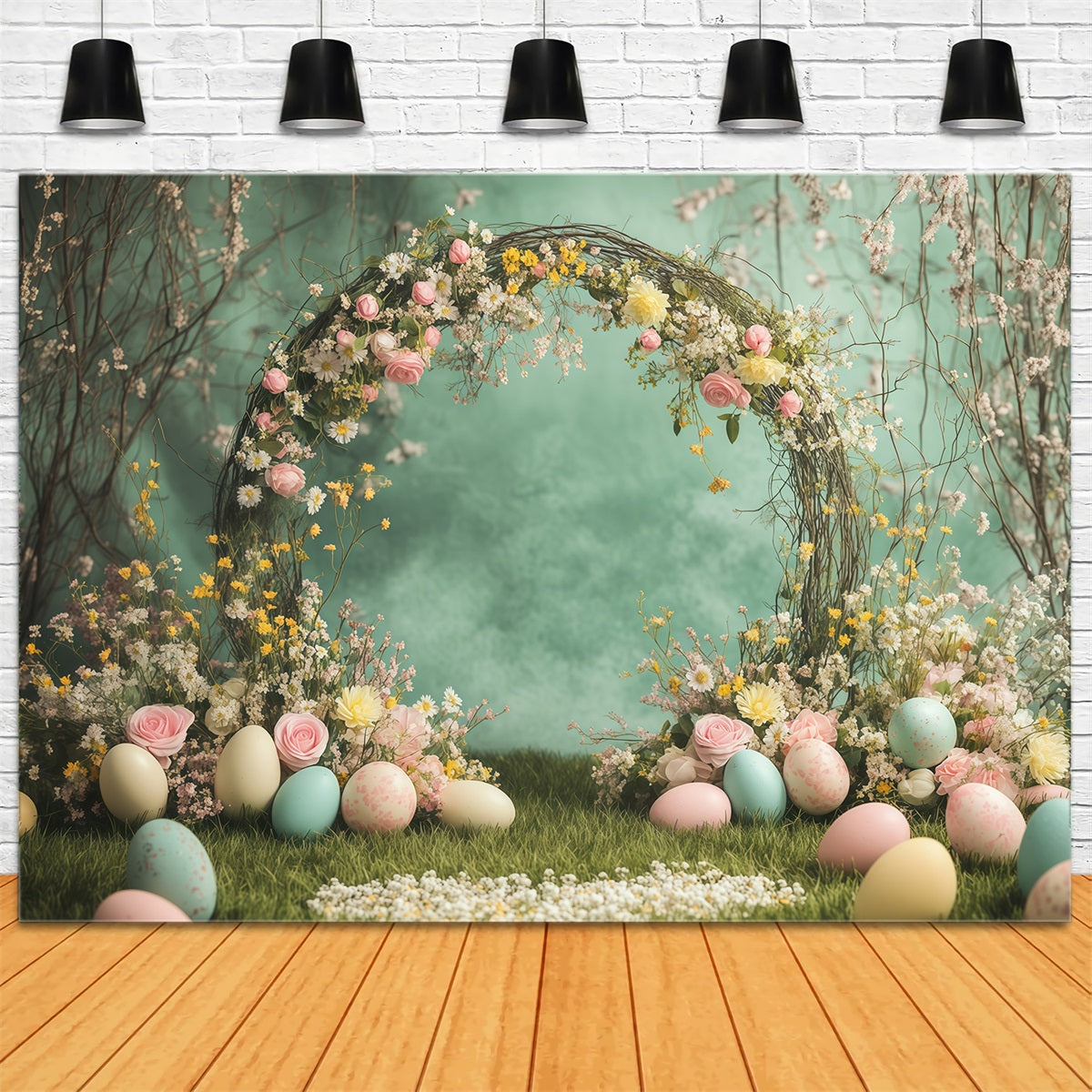 Fond de Pâques Arche Œufs Bouquet Fleurs Sauvages GQ61-17