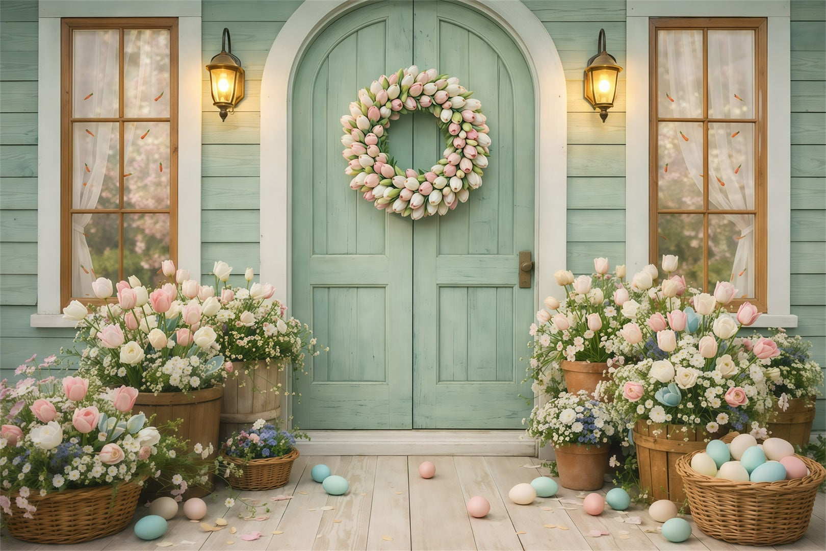 Fond de Pâques Entrée Couronne Fleurs Printanières GQ61-21