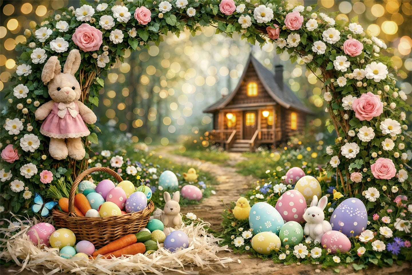 Toile de fond Pâques Cottage Lapin Forêt Enchantée GQ61-31