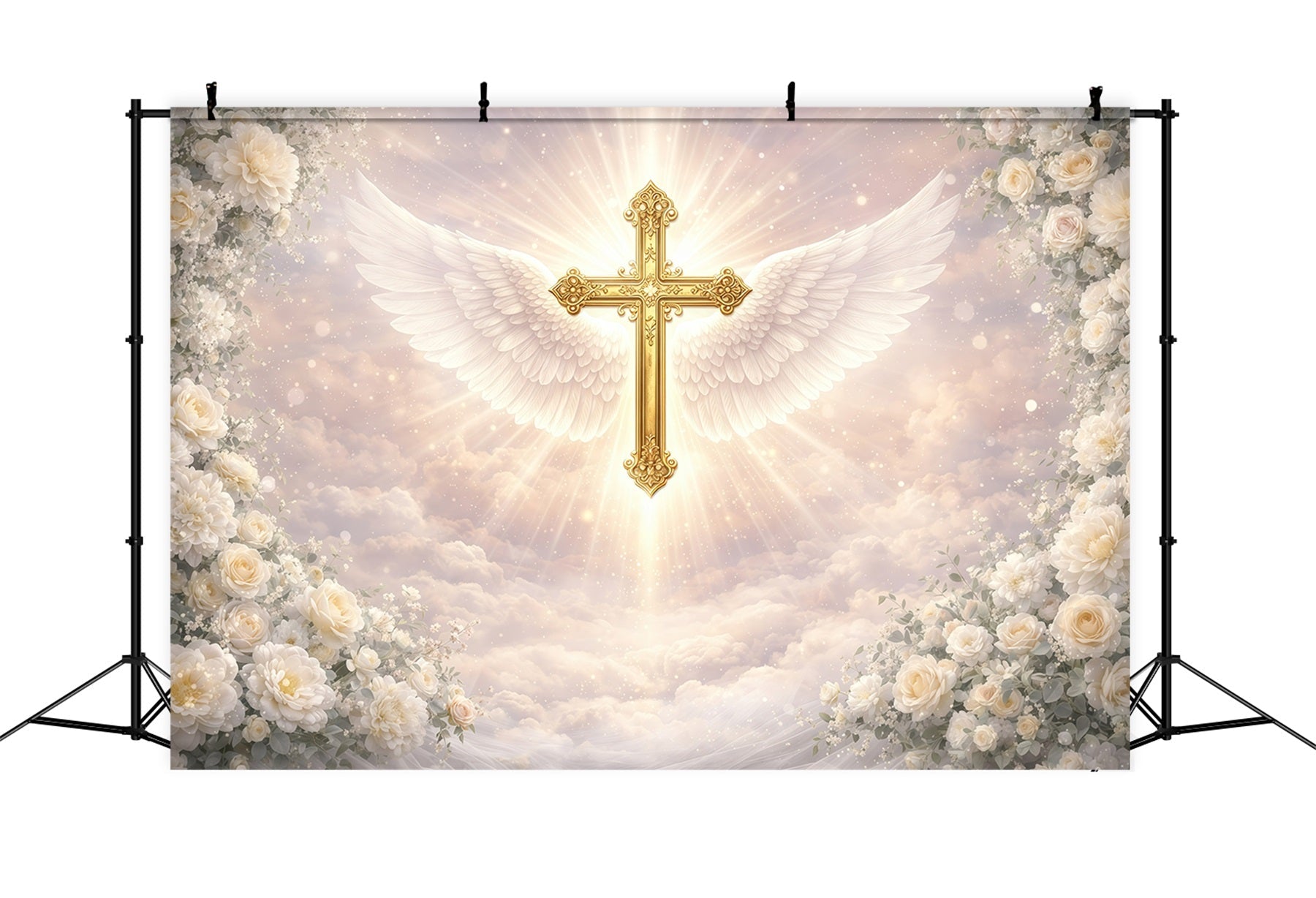 Toile de fond de Pâques Croix Dorée Ailes Angéliques GQ61-36