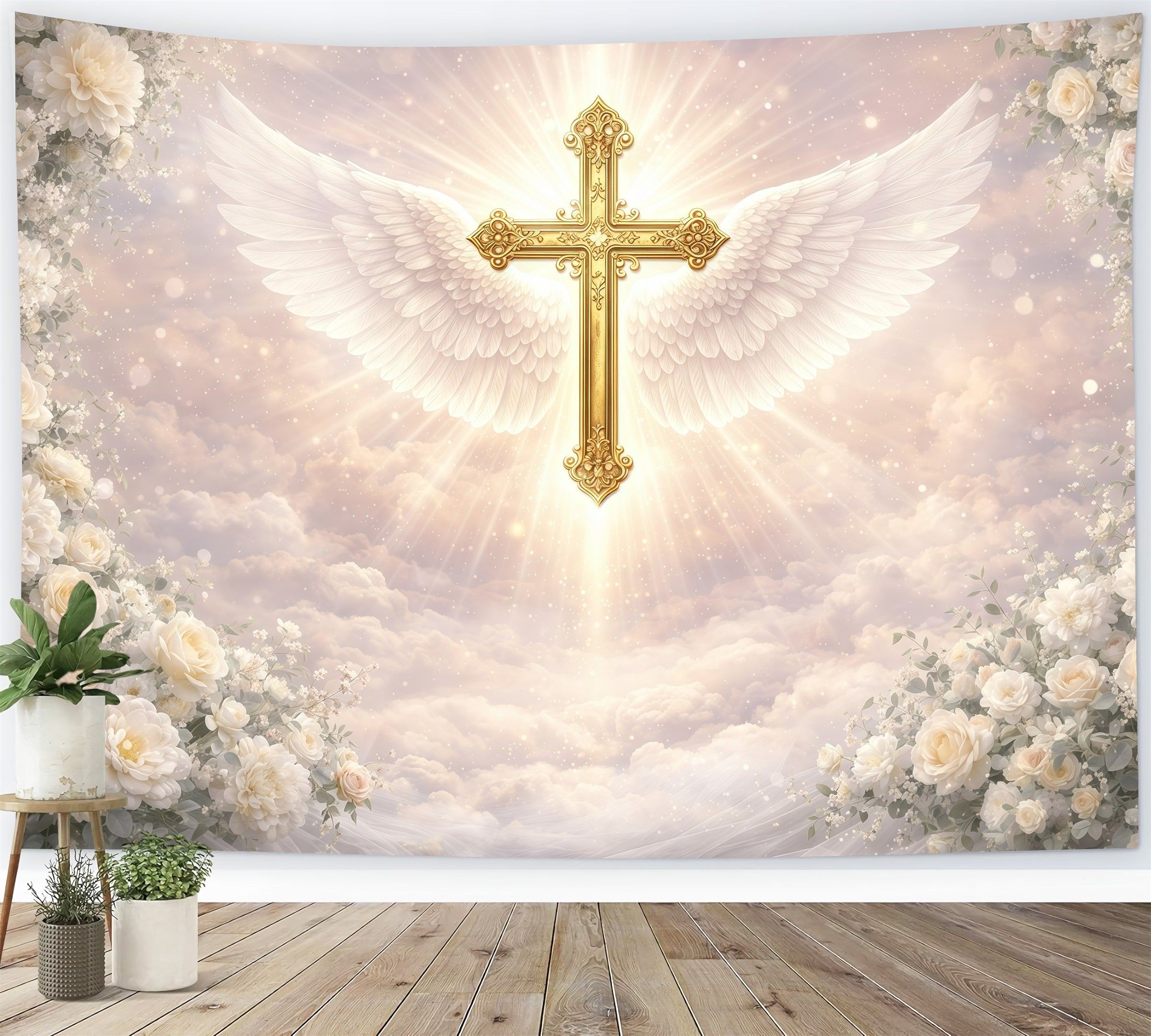 Toile de fond de Pâques Croix Dorée Ailes Angéliques GQ61-36
