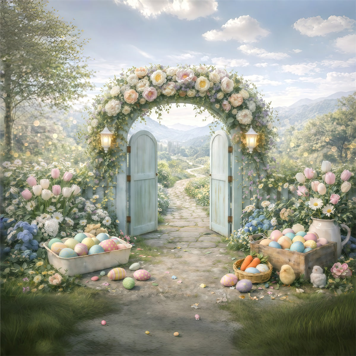 Toile de fond de Pâques Entrée Arche Jardin Printanier Œuf GQ61-44