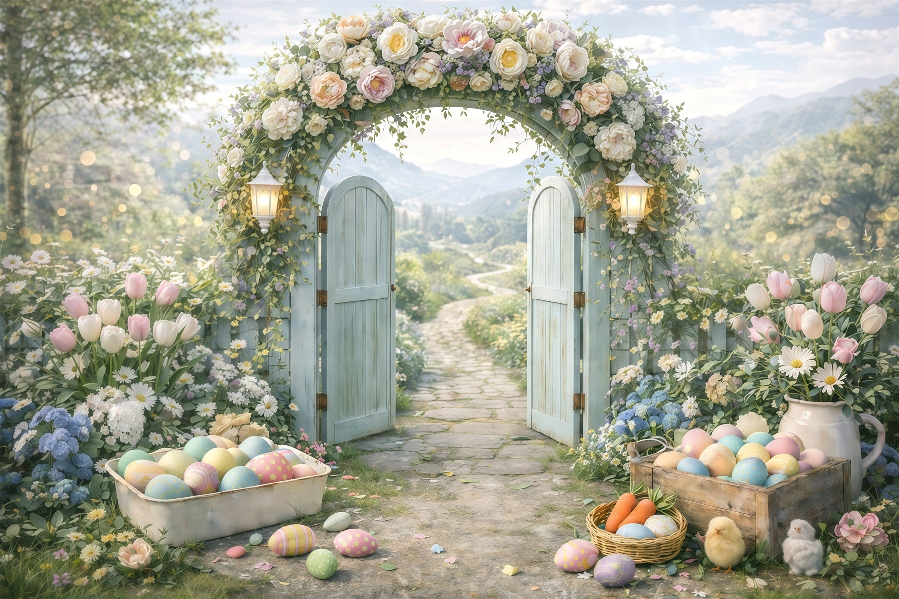 Toile de fond de Pâques Entrée Arche Jardin Printanier Œuf GQ61-44