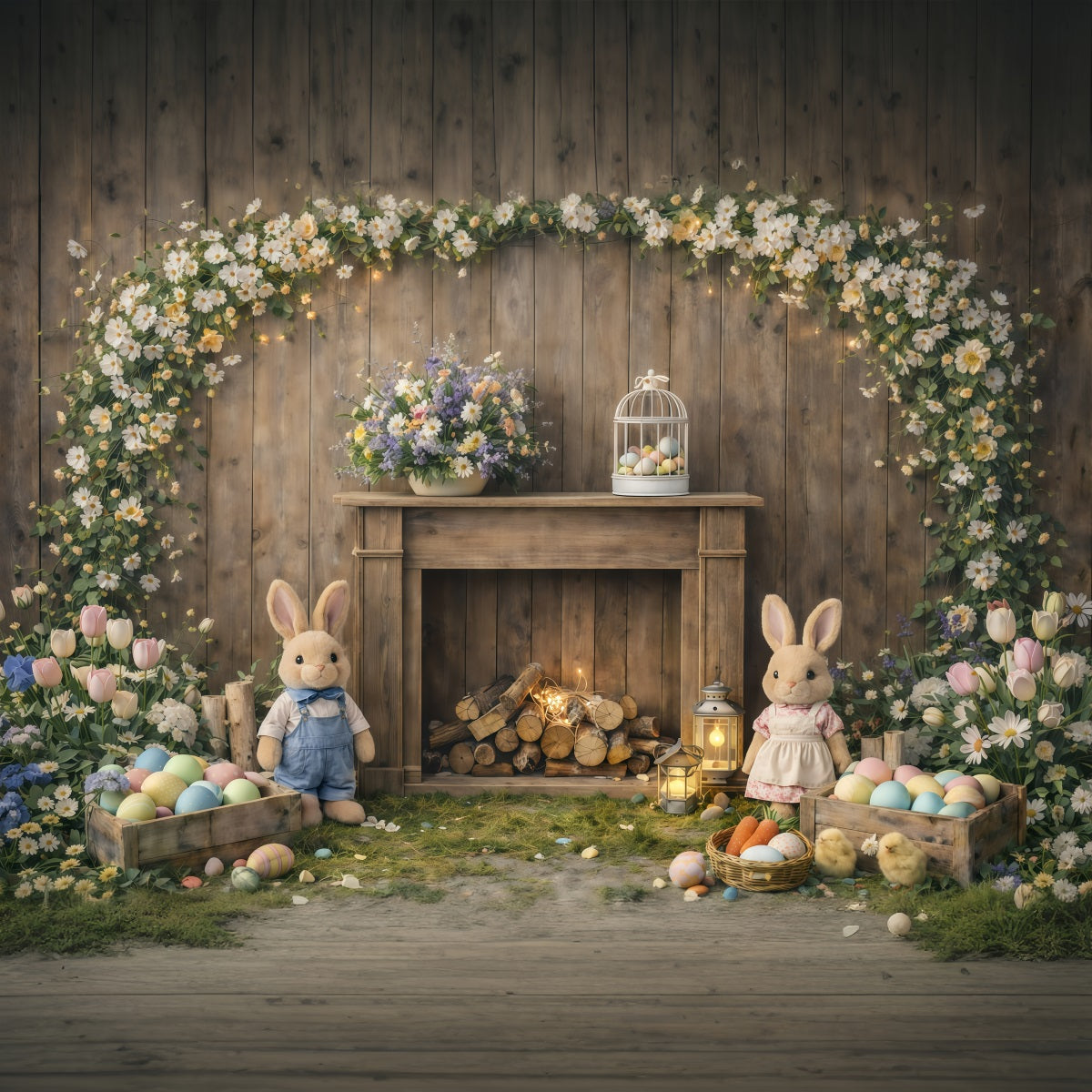 Fond de Pâques Manteau Rustique Lapin Fleurs GQ61-45