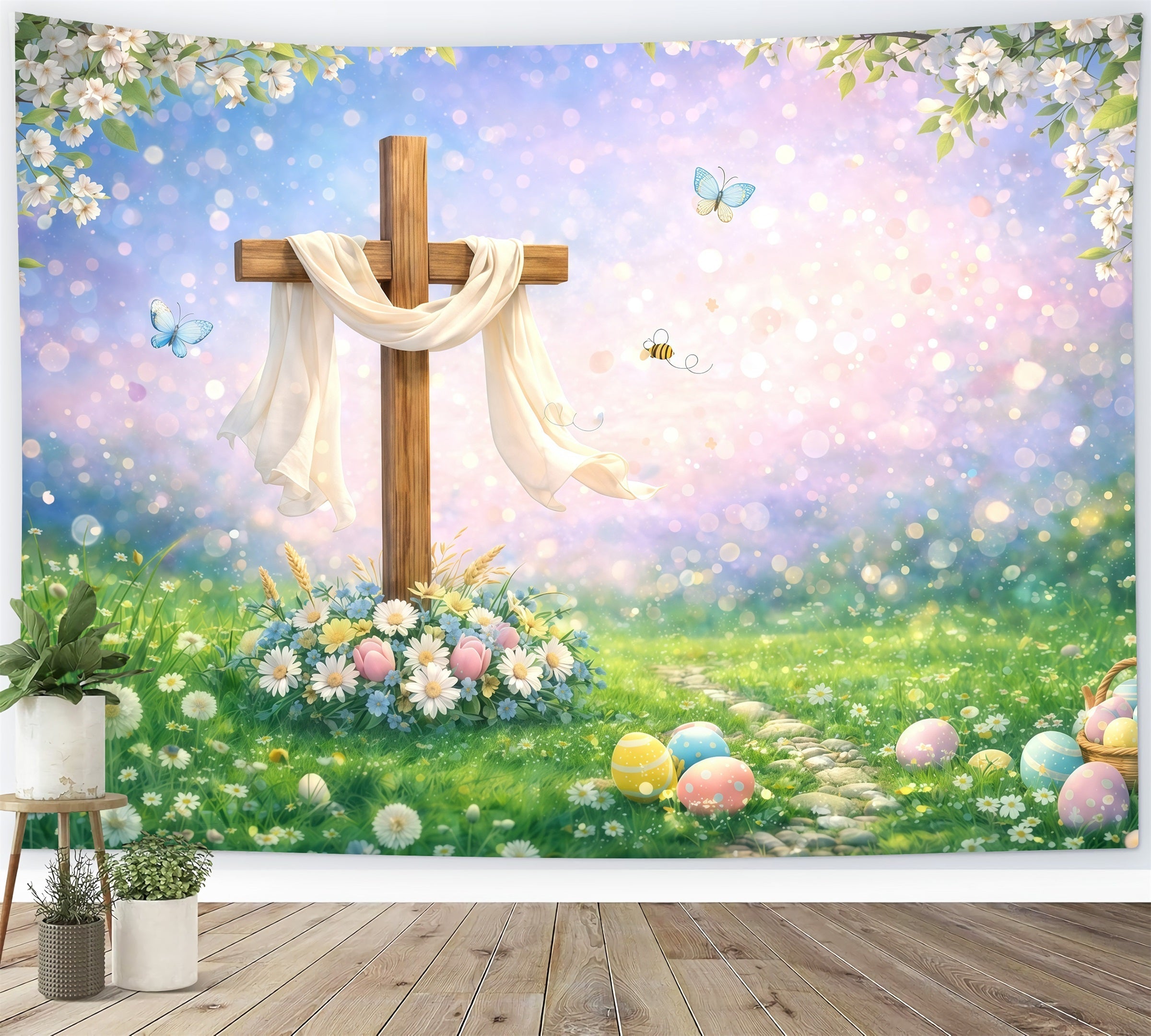 Toile de fond Pâques Croix Bois Prairie Printanière Bokeh GQ61-55