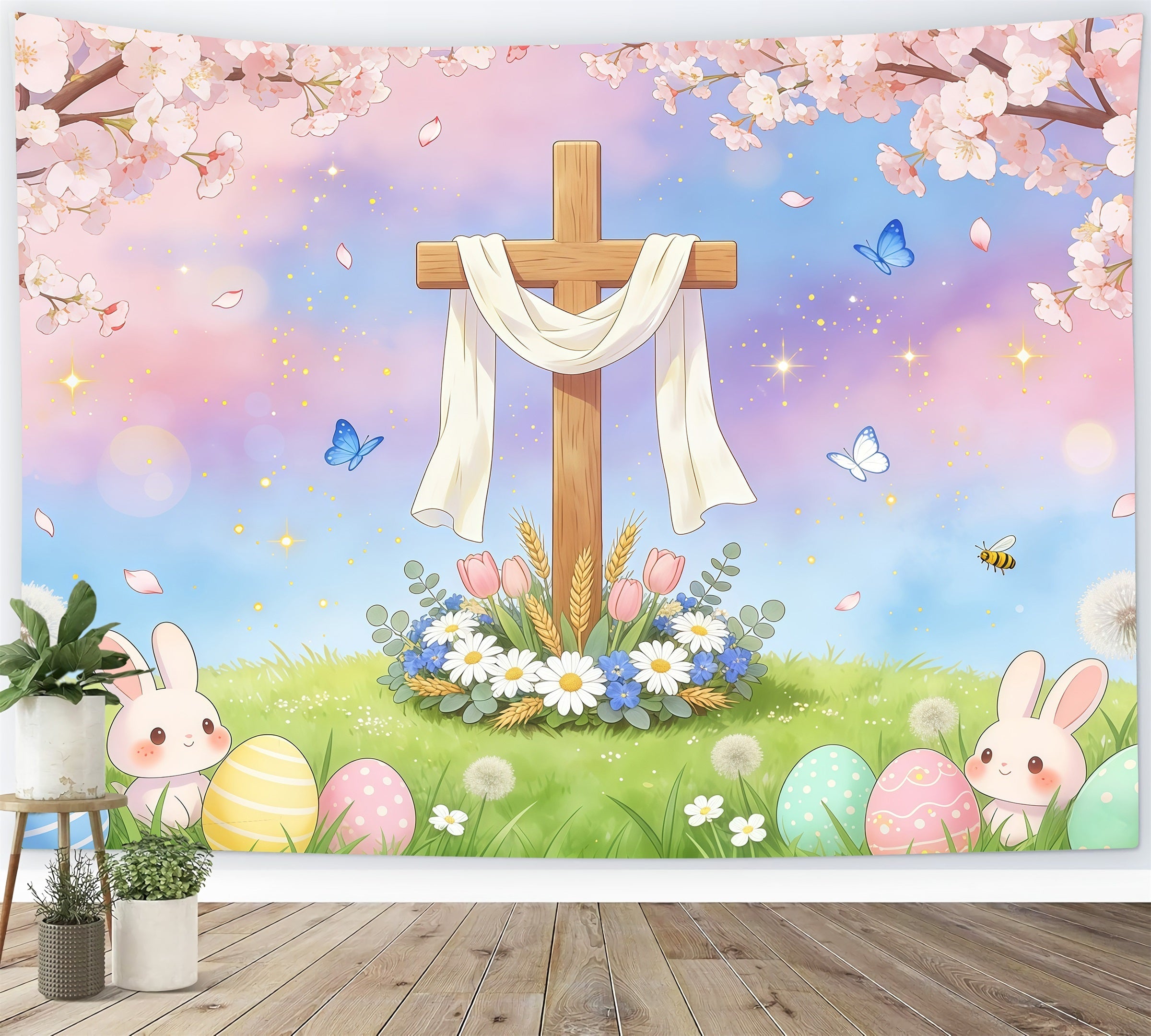 Toile de fond de Pâques Croix Lapin Œuf Ciel Pastel GQ61-56
