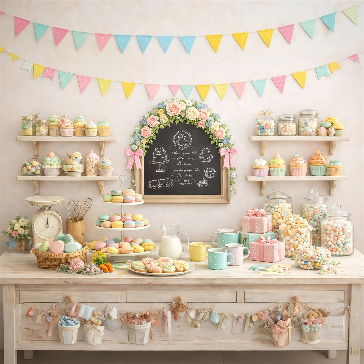 Toile de fond Pâques Cupcakes Bonbons Macaron Pastel GQ61-59