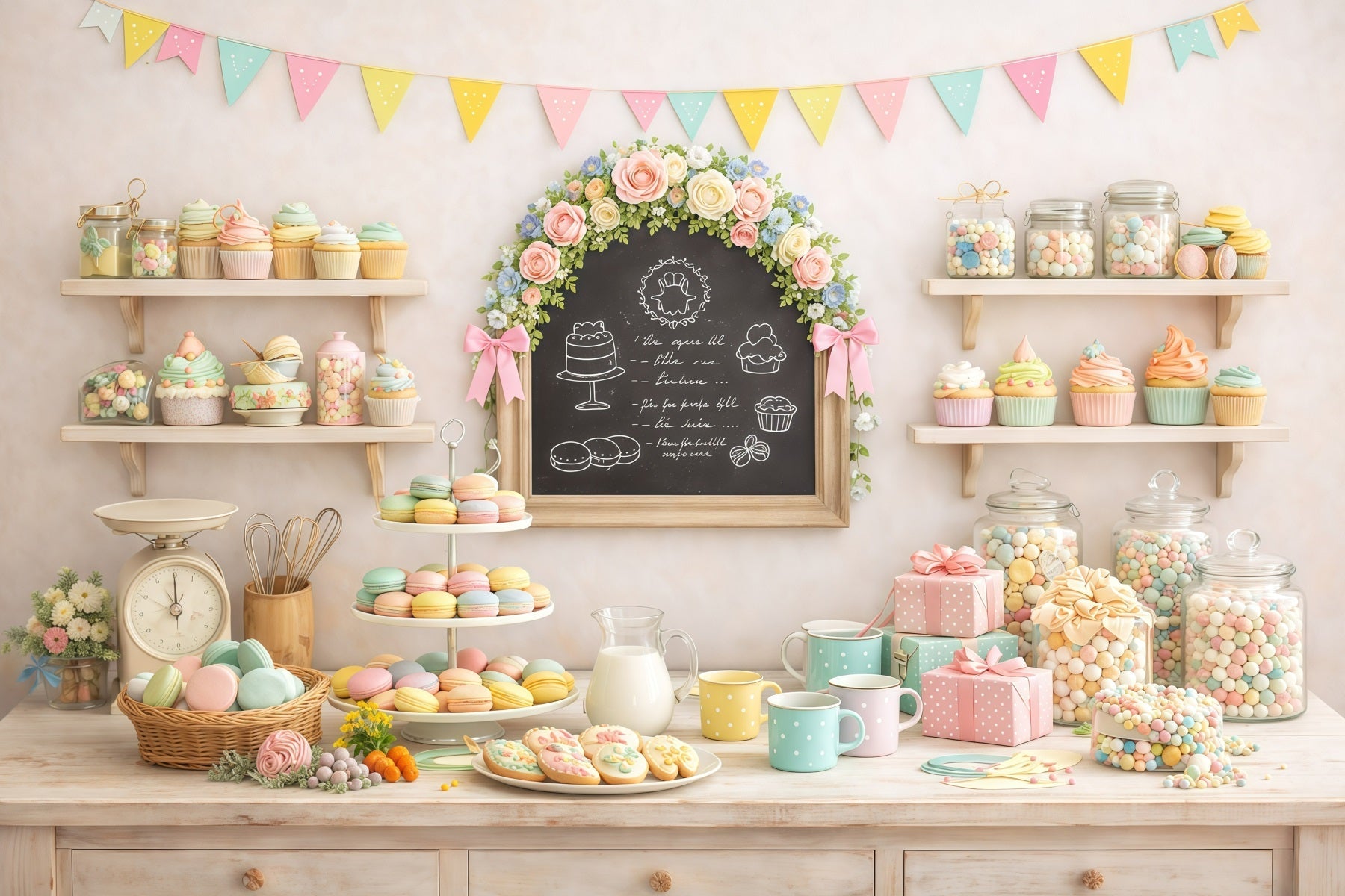 Toile de fond Pâques Cupcakes Bonbons Macaron Pastel GQ61-59