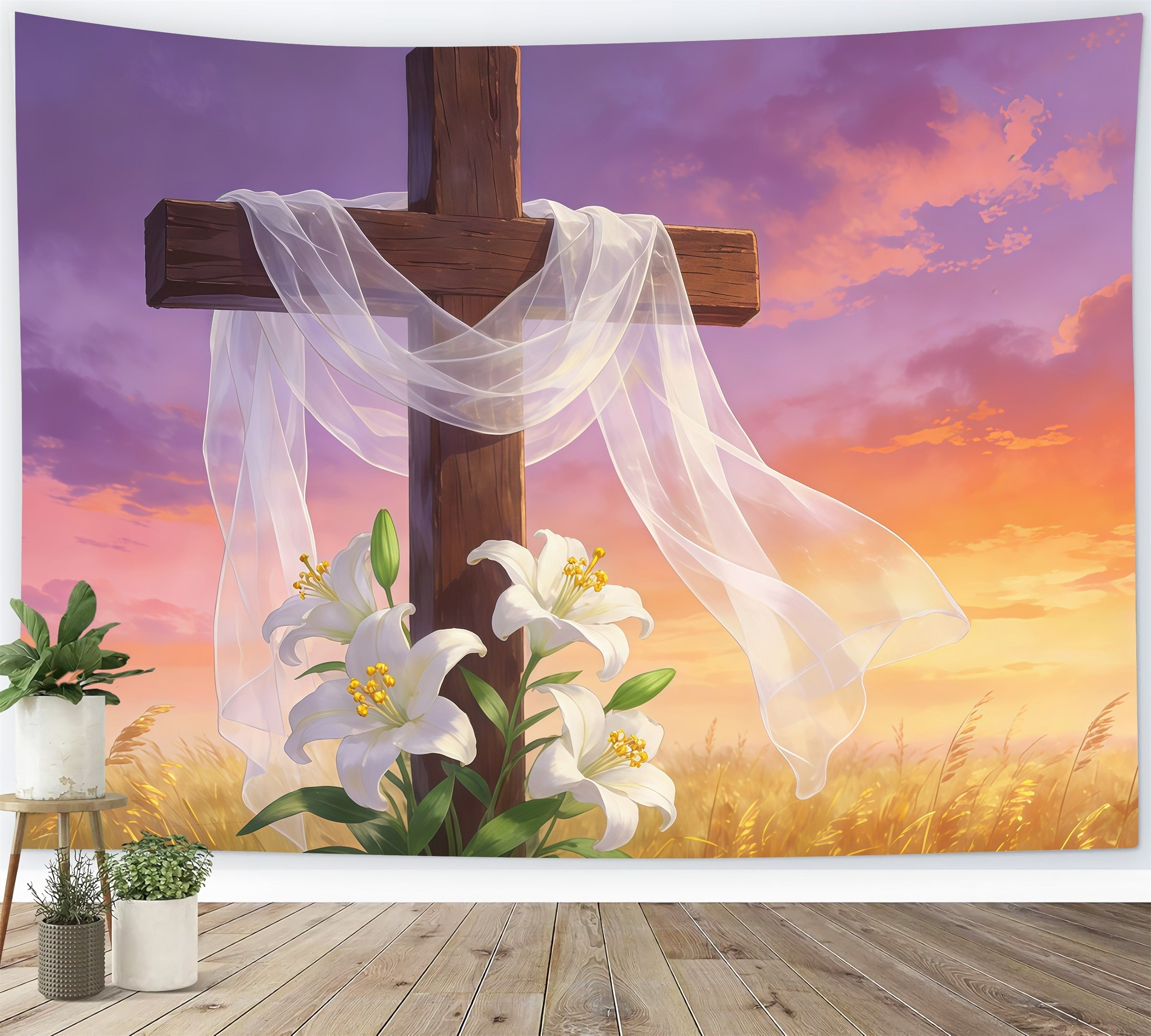 Toile de fond Pâques Croix Résurrection Ciel Doré GQ61-63