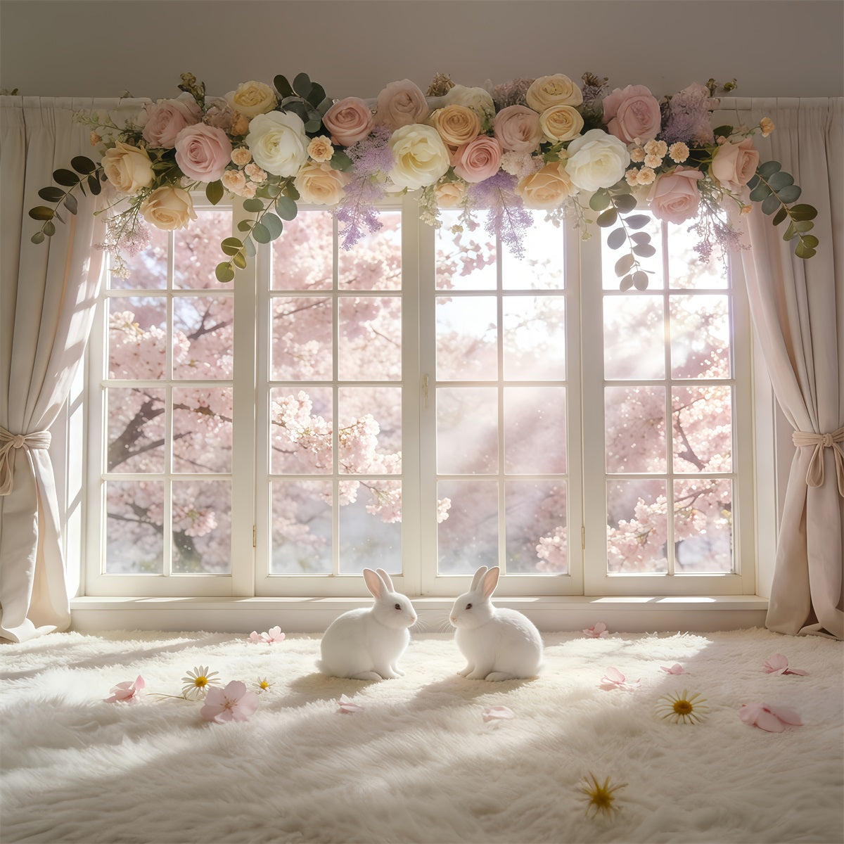 Toile de fond Pâques Couronne Fleurs Lapin GQ61-67