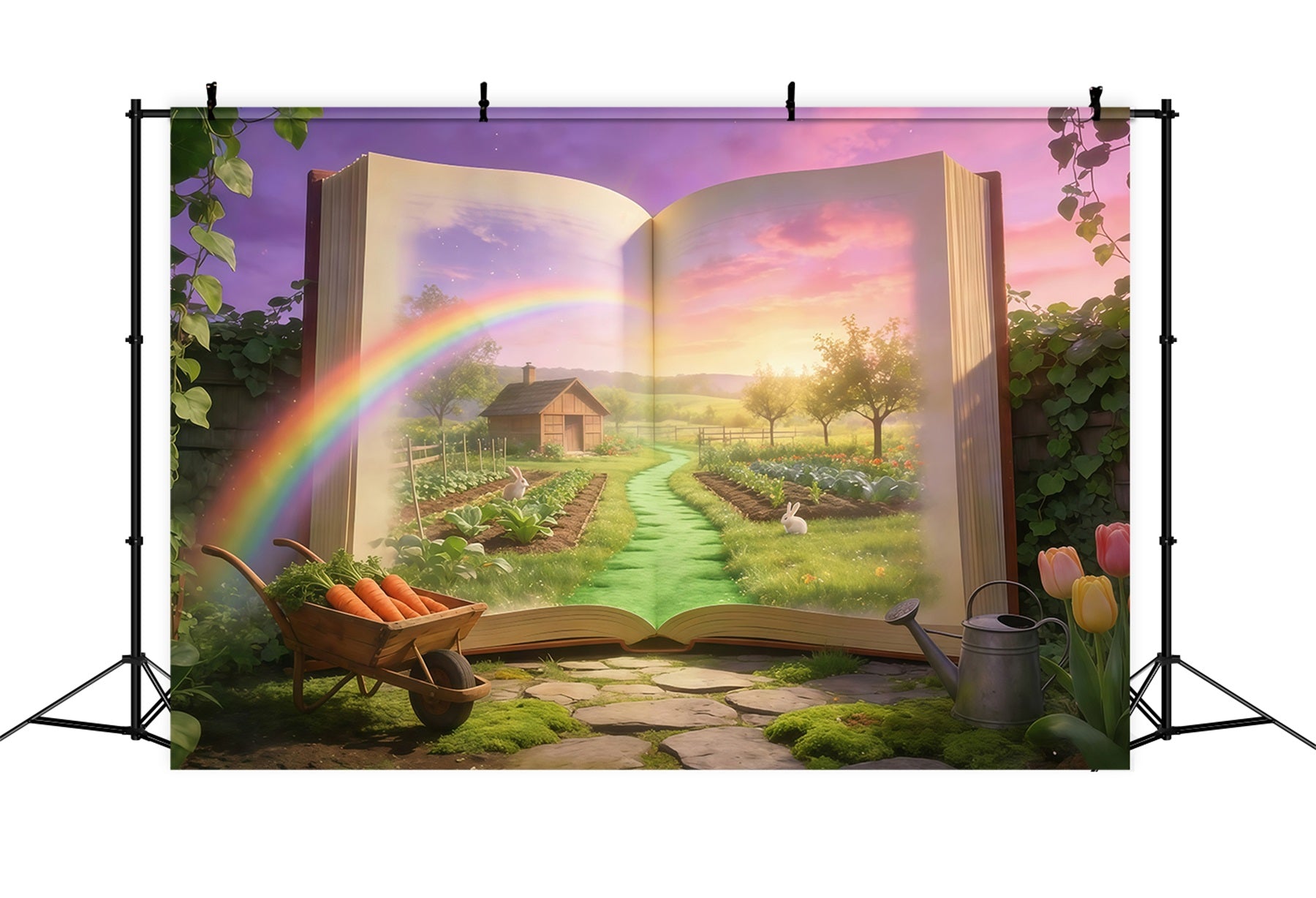 Fond de Pâques Livre Magique Jardin Lapin GQ61-69