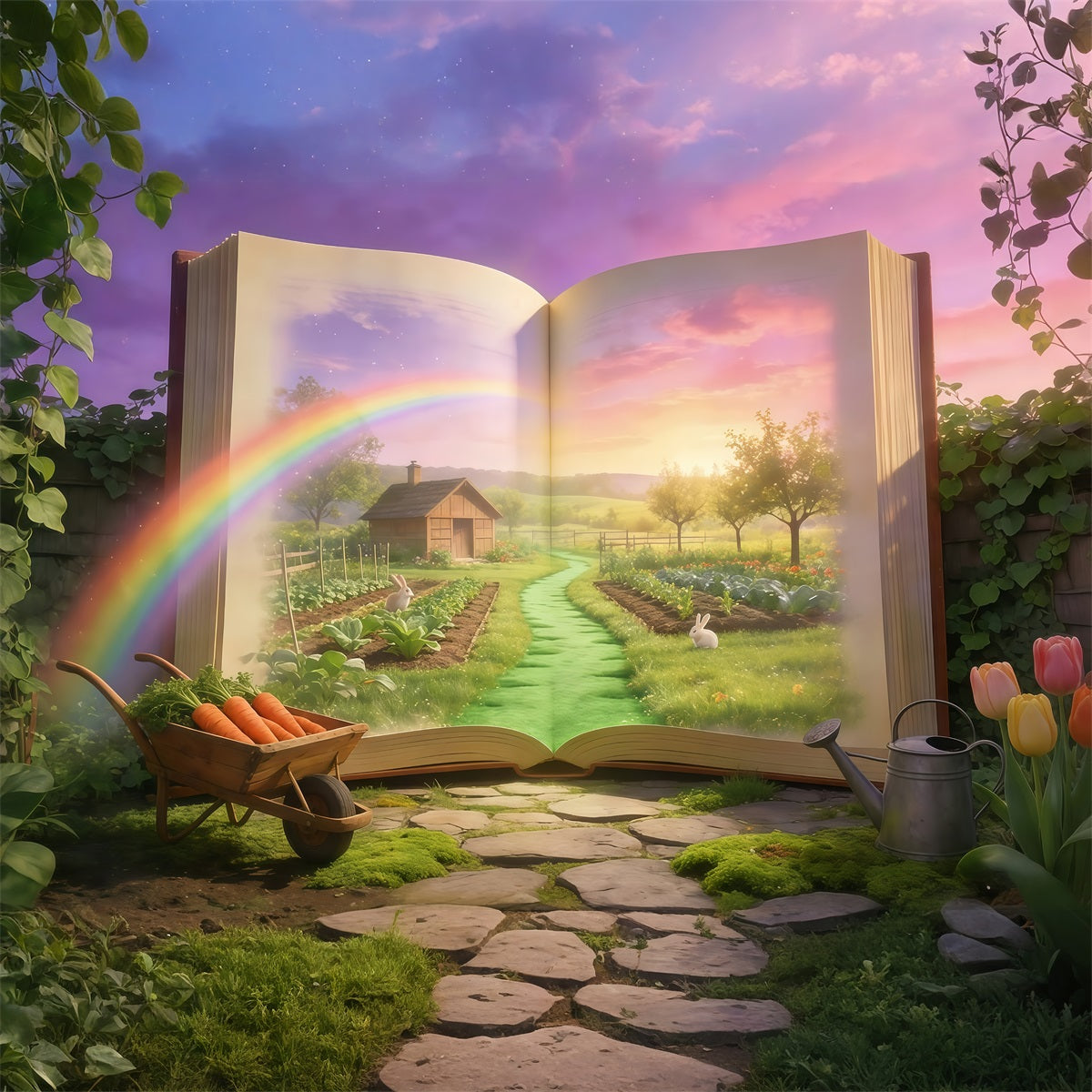 Fond de Pâques Livre Magique Jardin Lapin GQ61-69