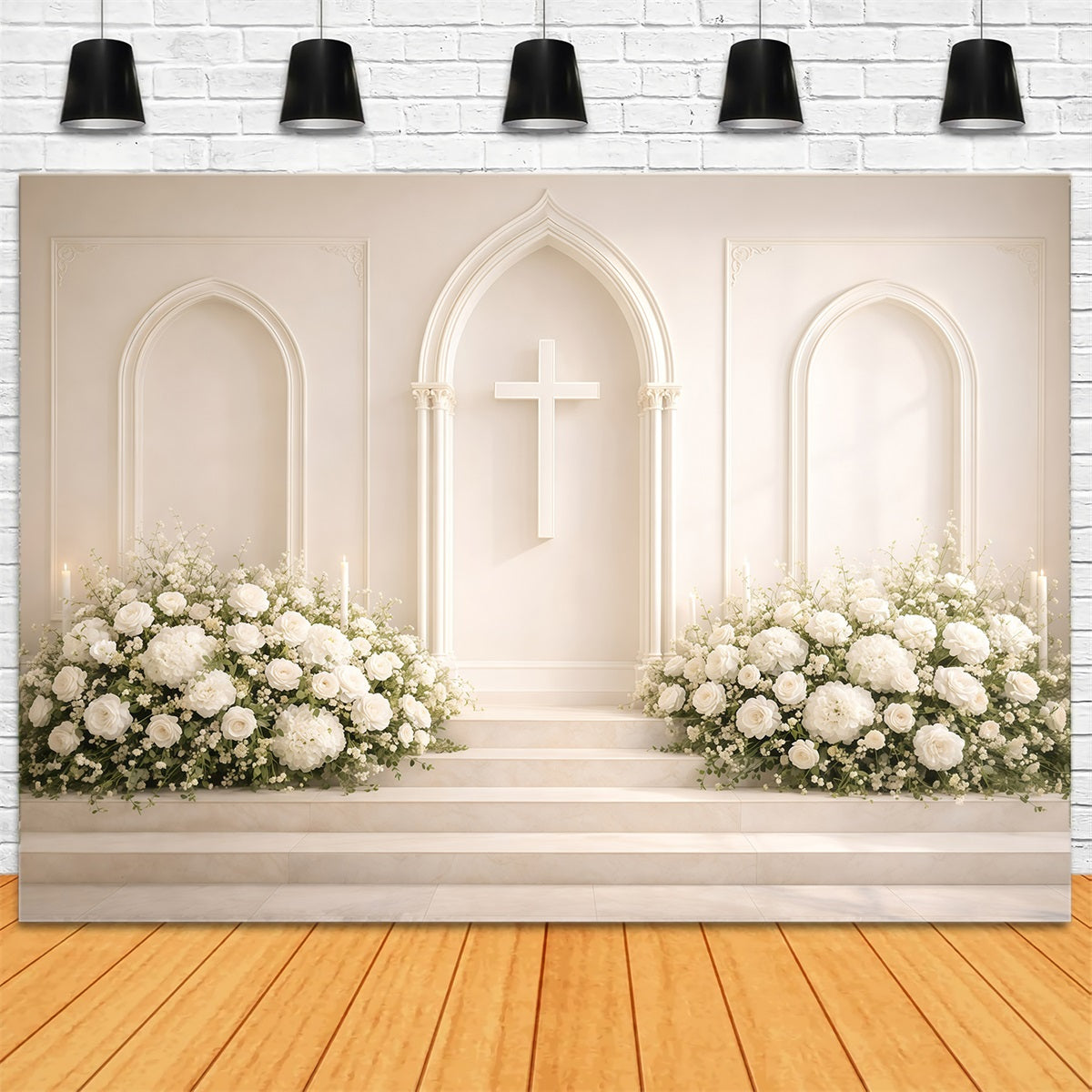 Toile de fond de Pâques Croix Église Fleurs Blanches GQ61-8