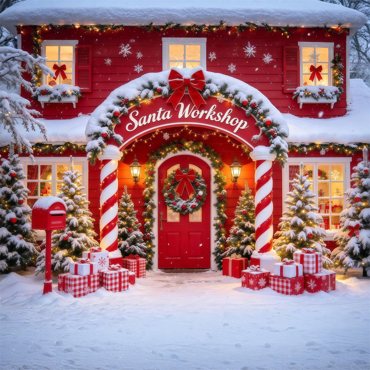 Fond De Noël Entrée Porte Colonnes Bonbons Sucre Rouge GQ610-10