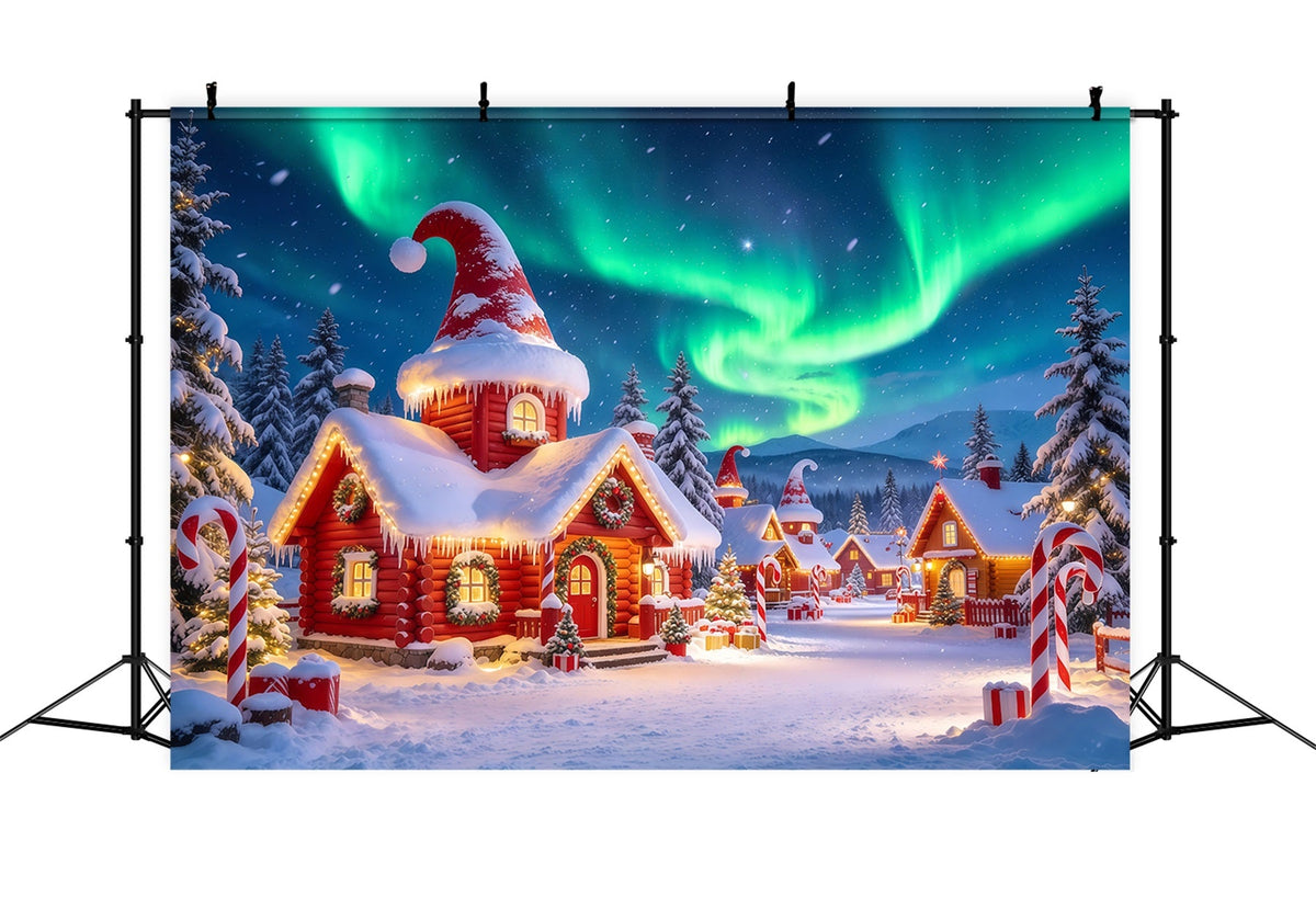 Fond Elfe De Noël Aurore Boréale Village Enneigé GQ610-102