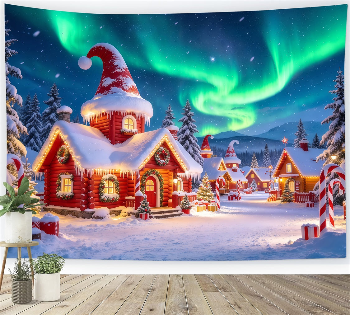 Fond Elfe De Noël Aurore Boréale Village Enneigé GQ610-102
