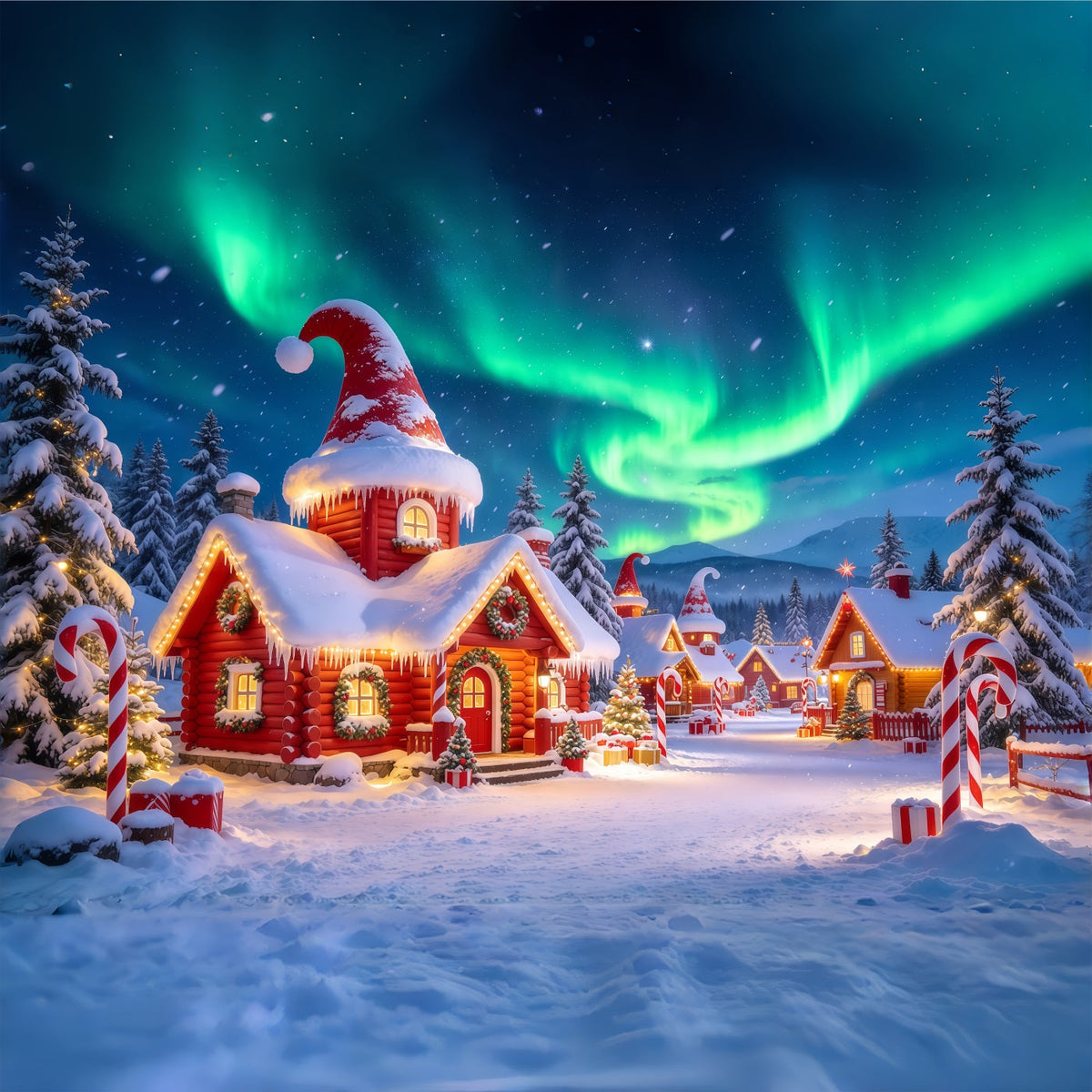 Fond Elfe De Noël Aurore Boréale Village Enneigé GQ610-102