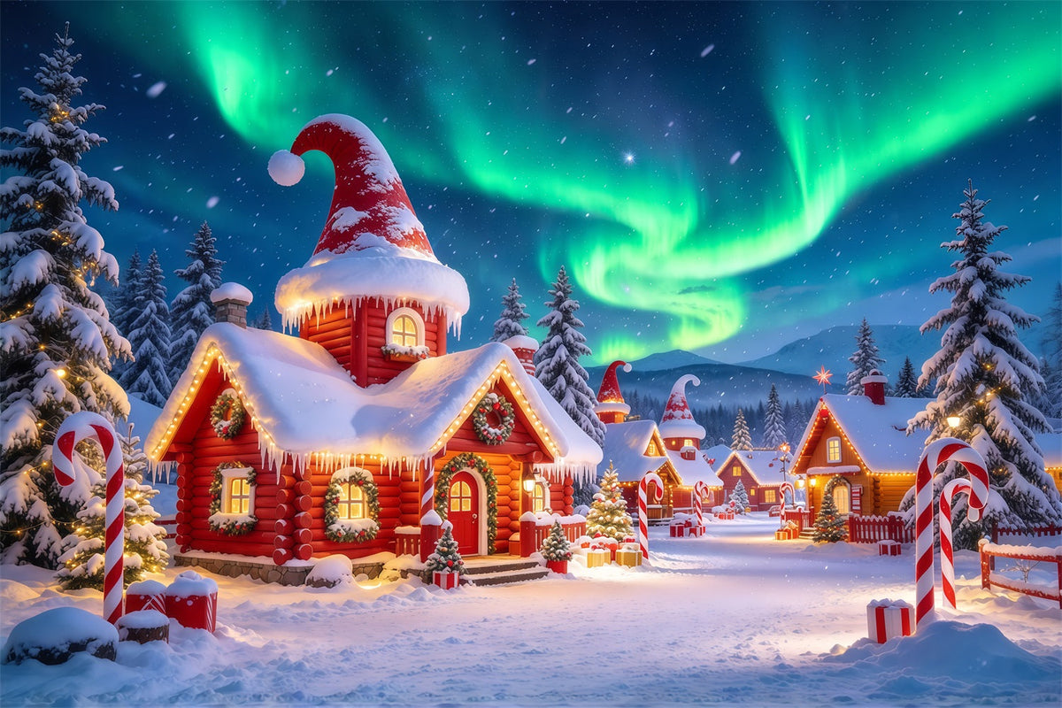 Fond Elfe De Noël Aurore Boréale Village Enneigé GQ610-102