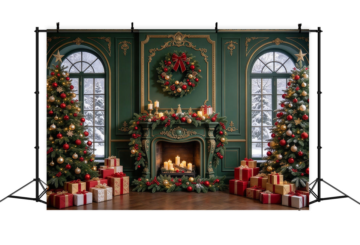Fond De Noël Salon Cheminée Émeraude Dorée GQ610-103