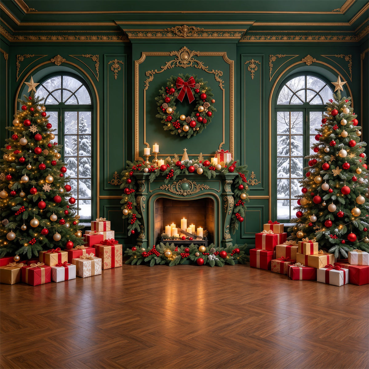 Fond De Noël Salon Cheminée Émeraude Dorée GQ610-103