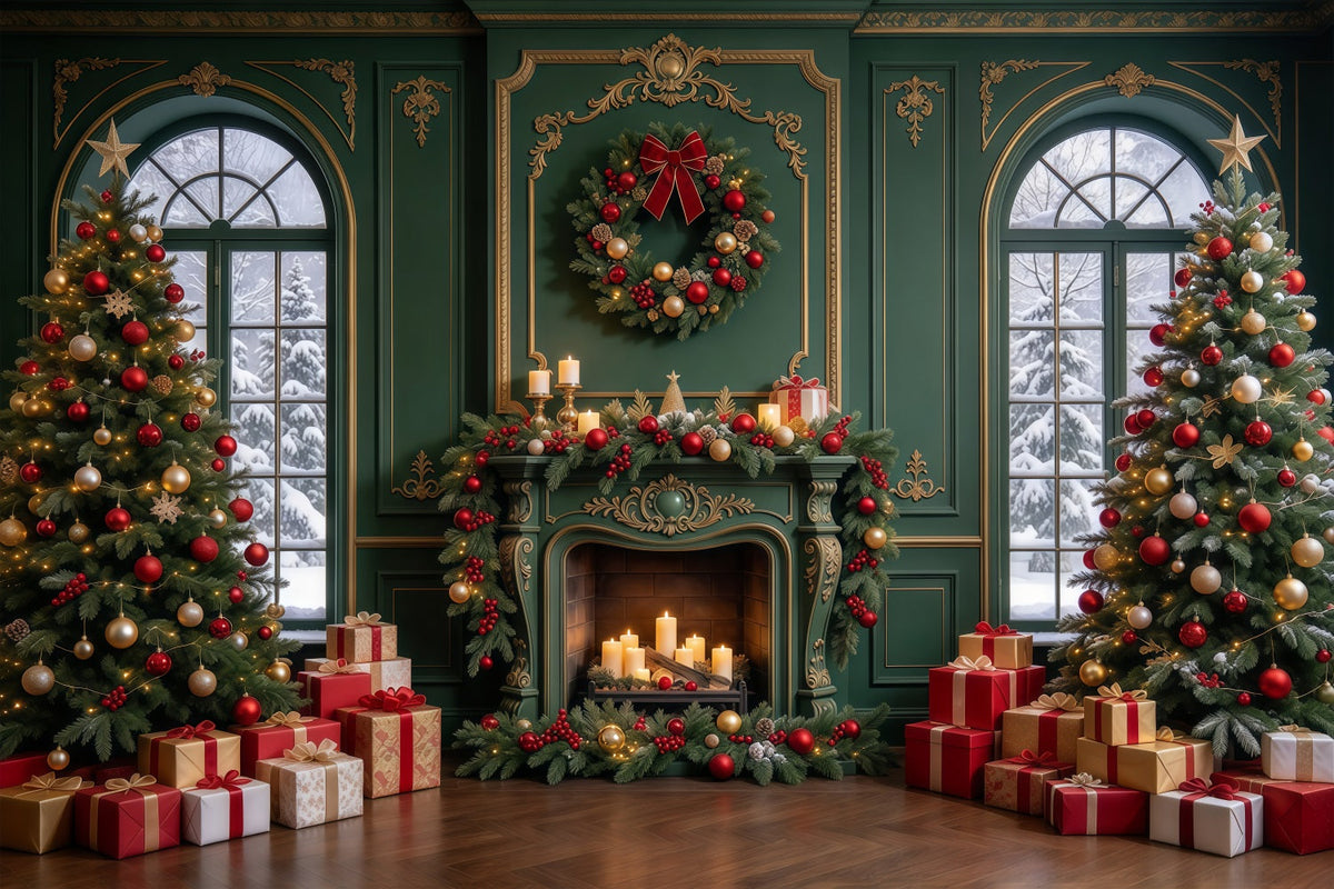 Fond De Noël Salon Cheminée Émeraude Dorée GQ610-103