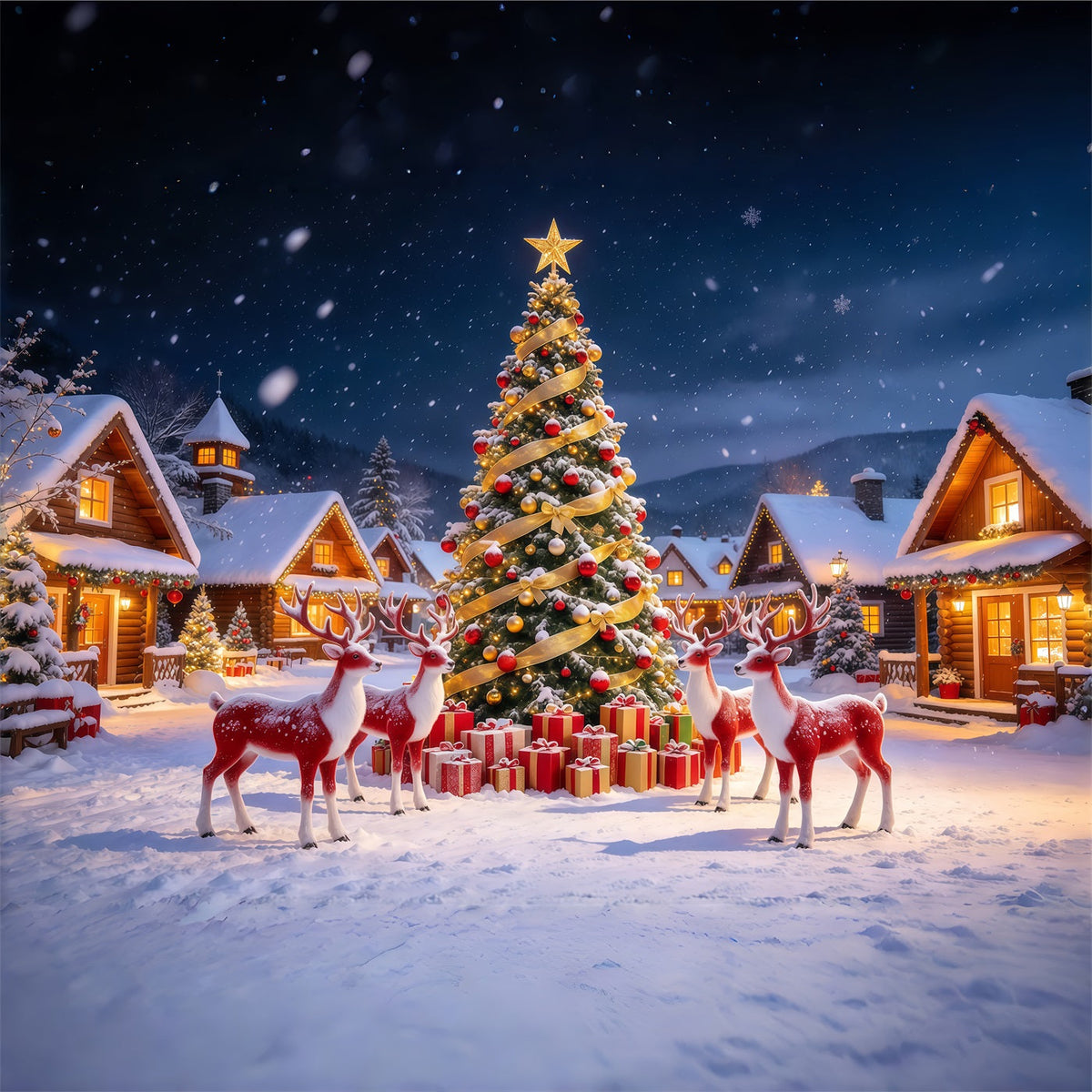 Fond De Noël Rétro Village Enneigé Rennes GQ610-105