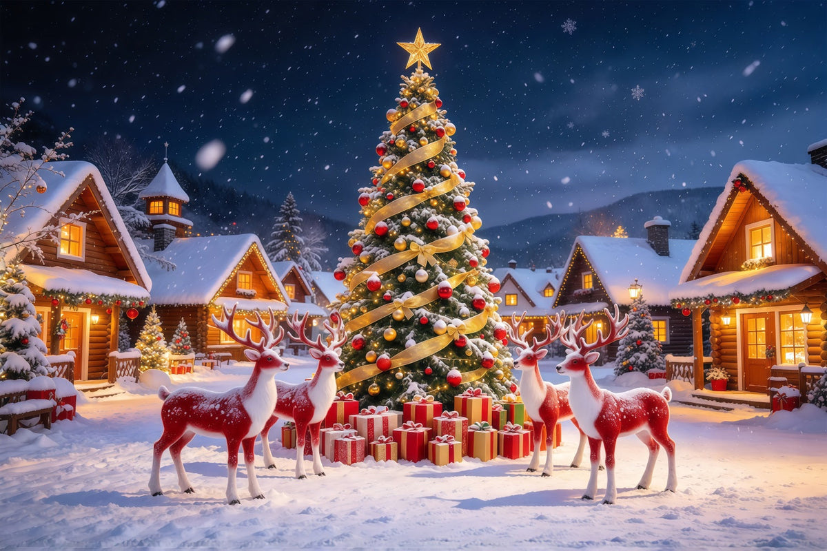 Fond De Noël Rétro Village Enneigé Rennes GQ610-105