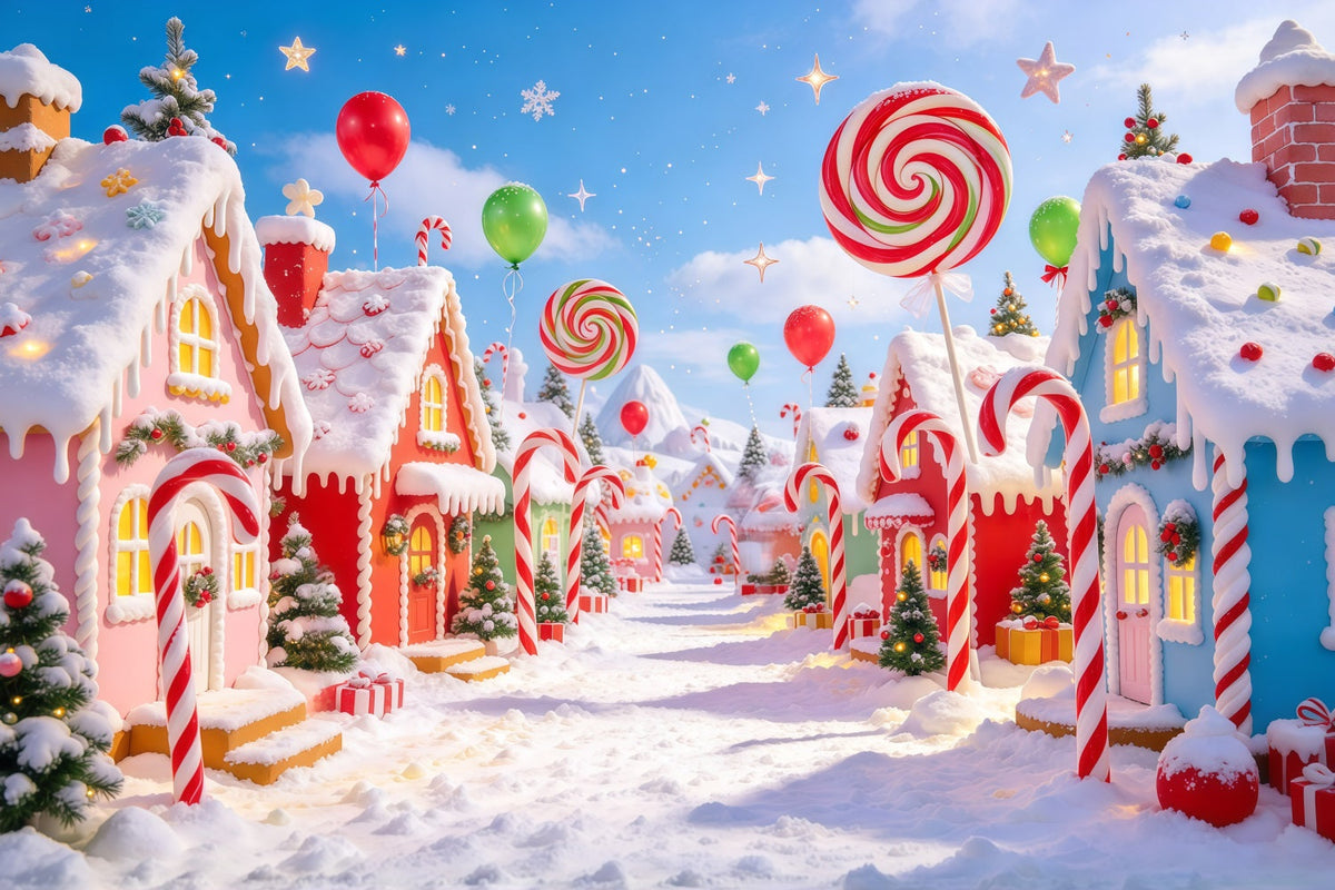 Fond De Noël Pays Des Bonbons Village Sucettes Géantes GQ610-106