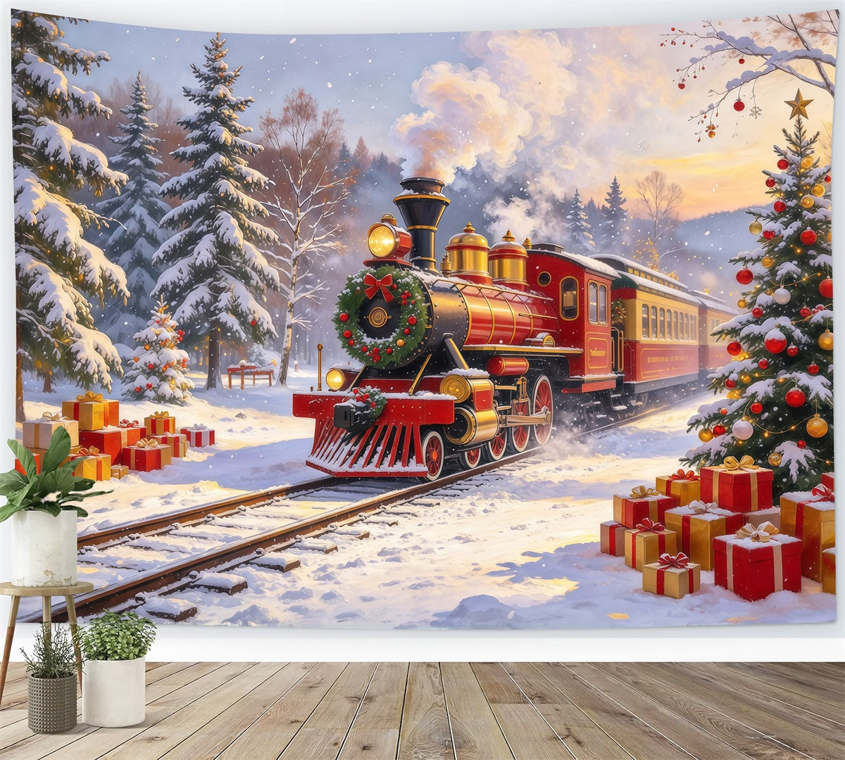Fond De Noël Train À Vapeur Rouge Village Chute De Neige GQ610-107