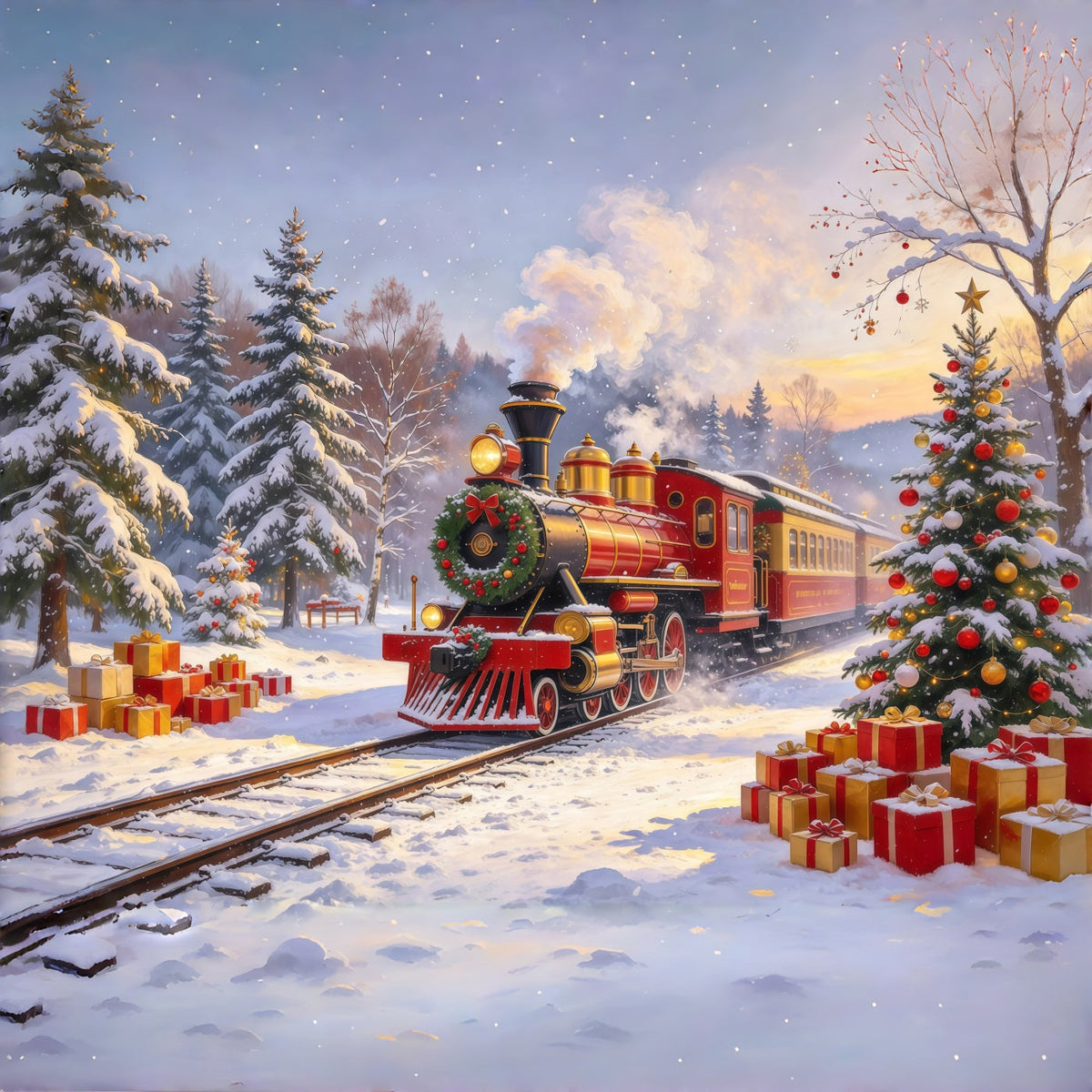 Fond De Noël Train À Vapeur Rouge Village Chute De Neige GQ610-107