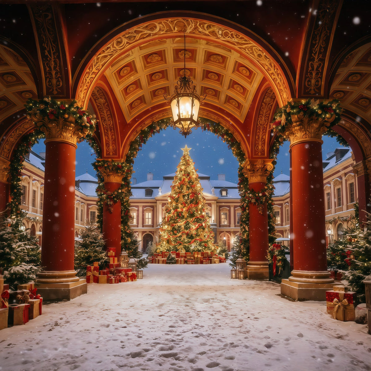 Fond Arche De Noël Cour Ornée Présentoir Sapin GQ610-110