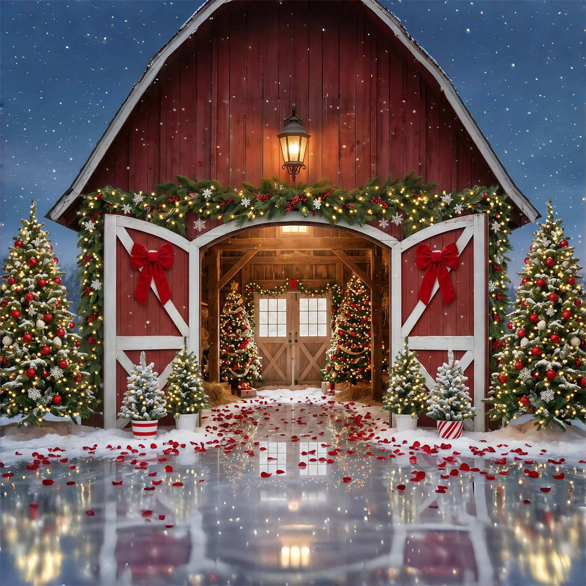 Fond Photo Ferme De Sapins Entrée Grange Rouge Festive GQ610-112