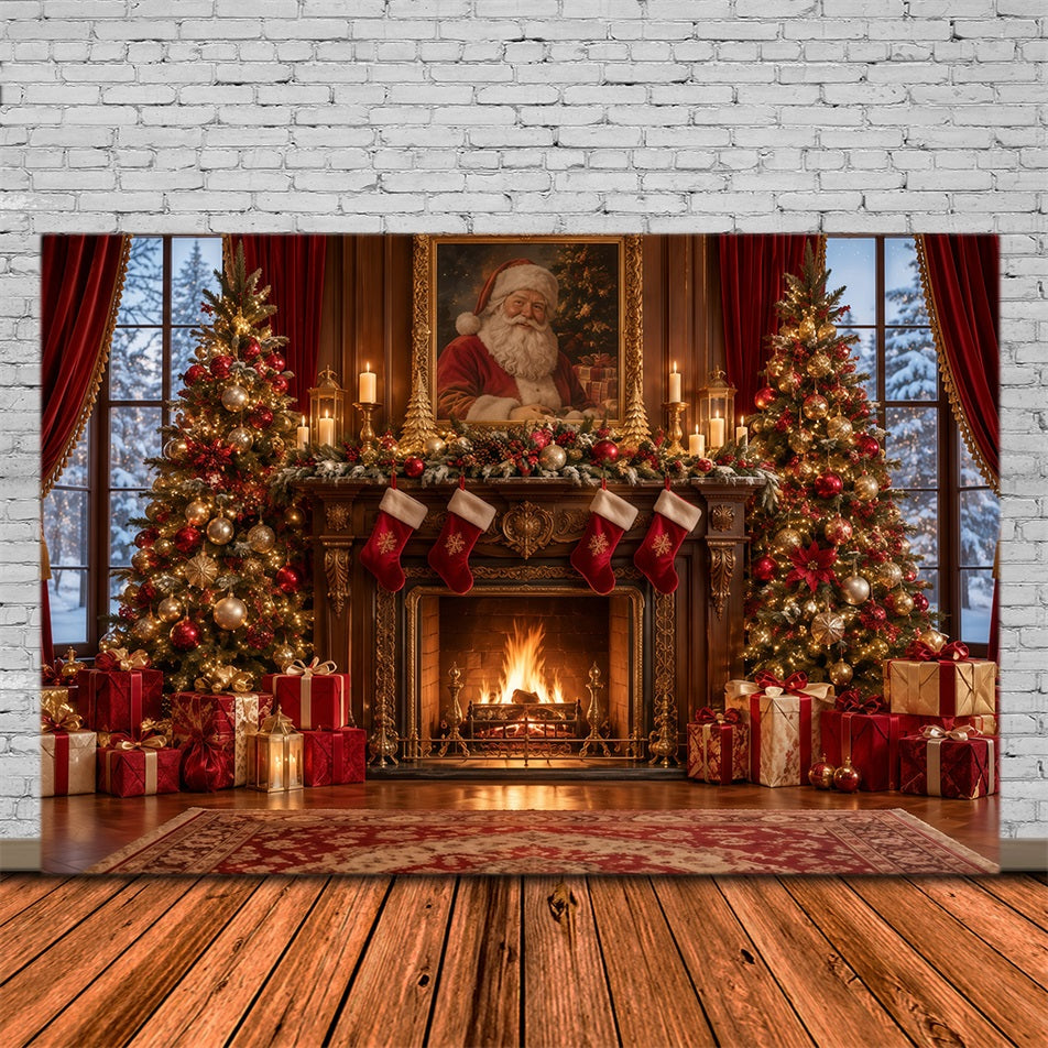 Fond Photo Père Noël Portrait Cheminée Manteau GQ610-119