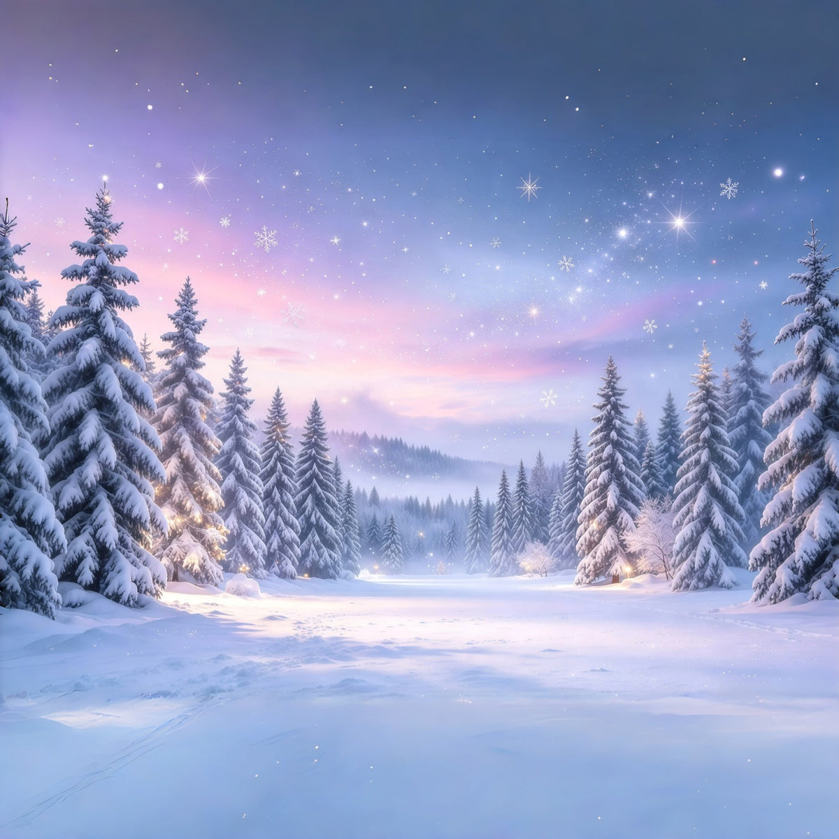 Fond De Sapins De Noël Forêt Enneigée Crépuscule Lavande GQ610-12