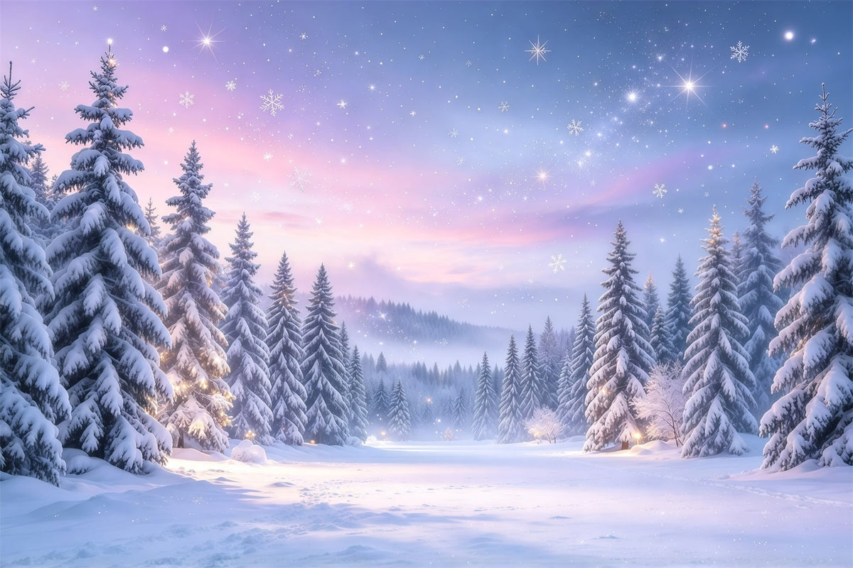 Fond De Sapins De Noël Forêt Enneigée Crépuscule Lavande GQ610-12