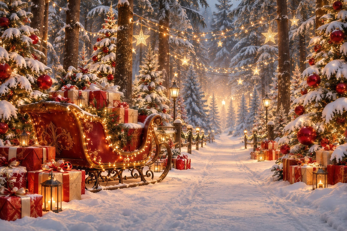 Fond De Sapins De Noël Traîneau Lumineux Sentier Cadeaux GQ610-121