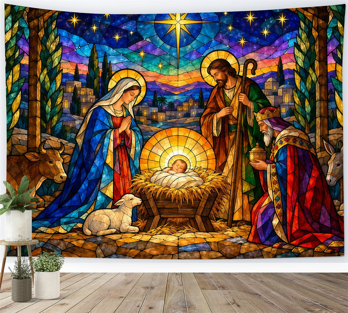 Fond De Crèche De Noël Étoile Vitrail Coloré GQ610-127