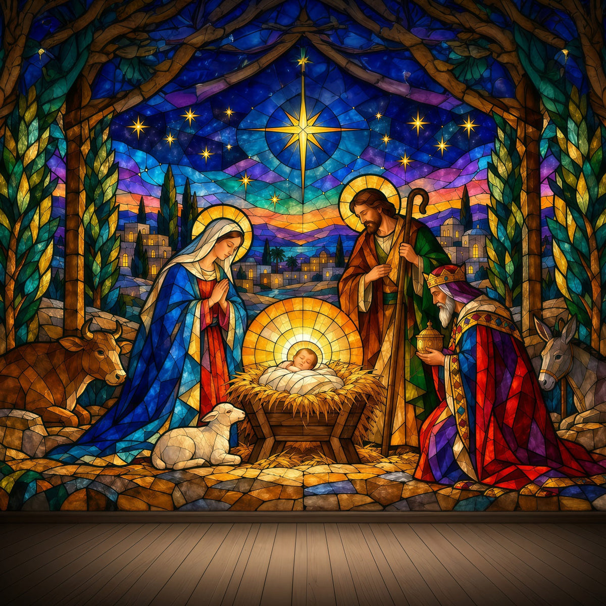 Fond De Crèche De Noël Étoile Vitrail Coloré GQ610-127