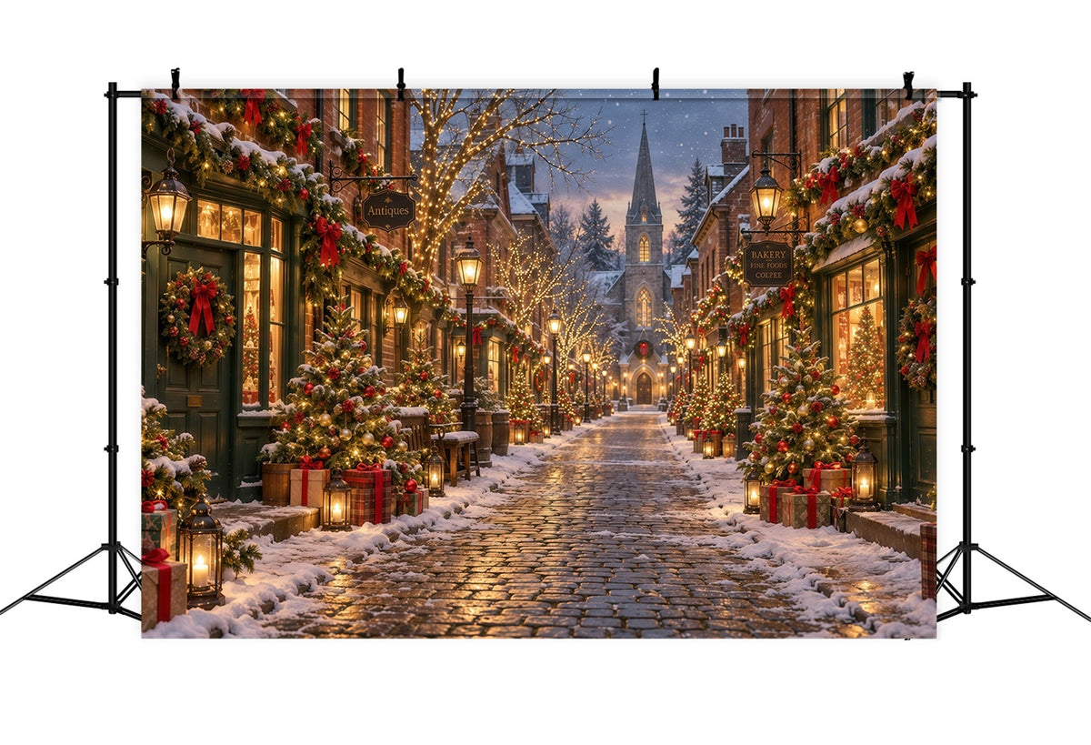 Fond De Village De Noël Rue Pavée Enneigée Festive GQ610-129
