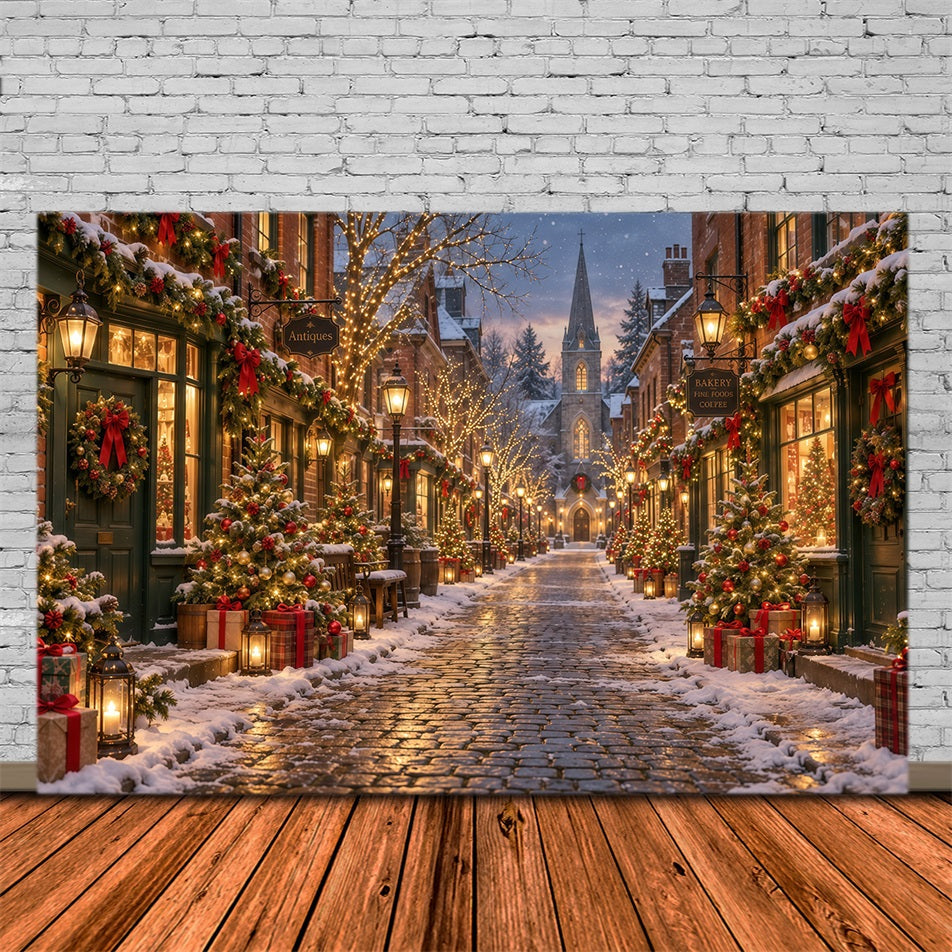 Fond De Village De Noël Rue Pavée Enneigée Festive GQ610-129