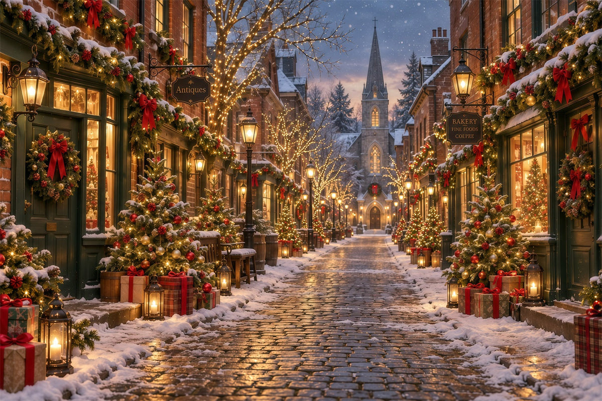 Fond De Village De Noël Rue Pavée Enneigée Festive GQ610-129
