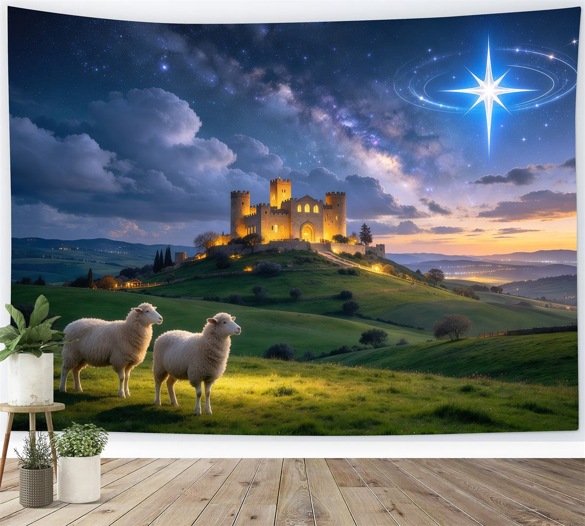 Fond De Crèche De Noël Château Étoilé Prairie Moutons GQ610-15