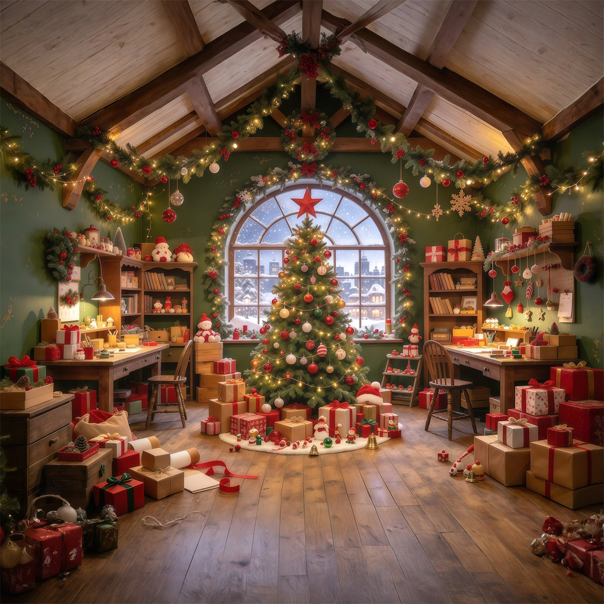 Fond Photo Père Noël Intérieur Atelier Jouets Chaleureux GQ610-2