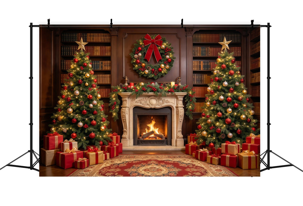 Fond Photo De Noël Bibliothèque Ornée Cheminée GQ610-21