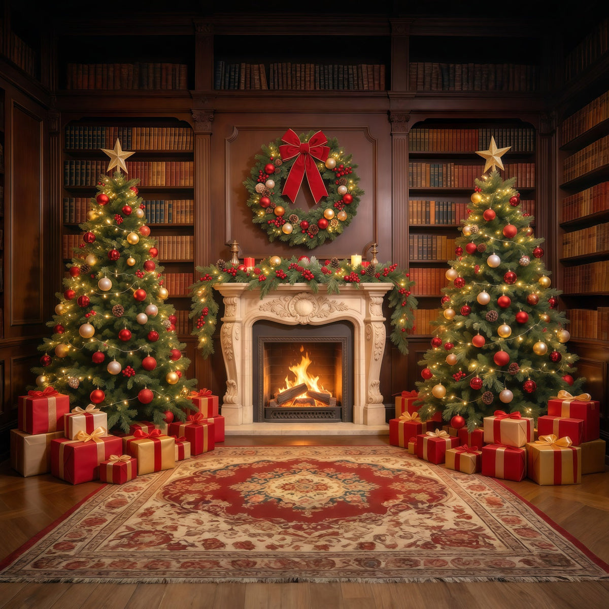 Fond Photo De Noël Bibliothèque Ornée Cheminée GQ610-21