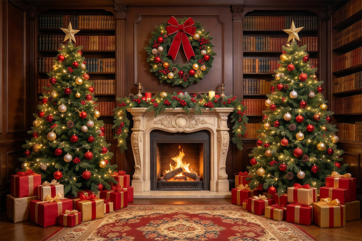 Fond Photo De Noël Bibliothèque Ornée Cheminée GQ610-21